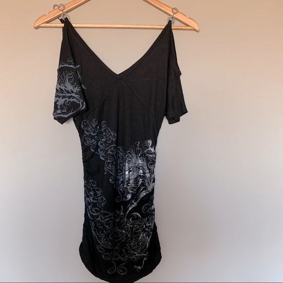 Black silver print dress/tunic with chain straps off shoulder in size small. - Picture 2 of 10